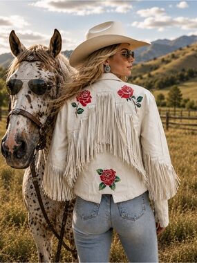 Armenta sz MD cream fringe western jacket nickle buttons zip up painted roses